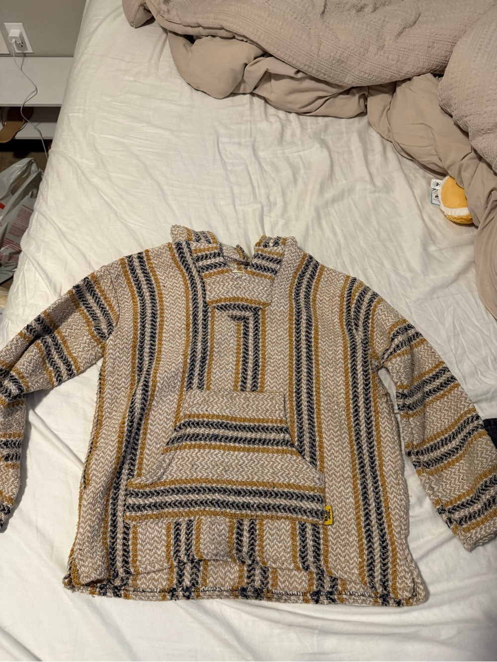Striped Crewneck Baja Pullover in Tan, Black & Cream